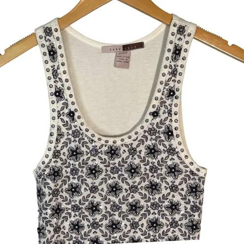 Lela Rose Floral Sequin Embellished Sleeveless Cotton Tank Top Navy Small Blue
