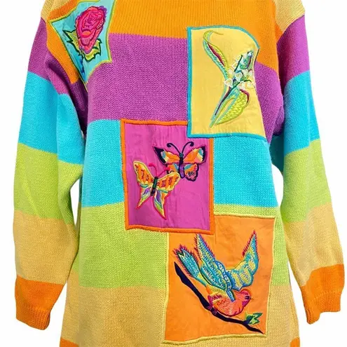 Vintage Rainbow Oversized Medium Knit Embroidered Sweater Patchwork