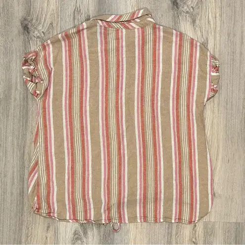 Ava James Linen Blend Short Sleeve Button Shirt Striped Drawstring Top Size M