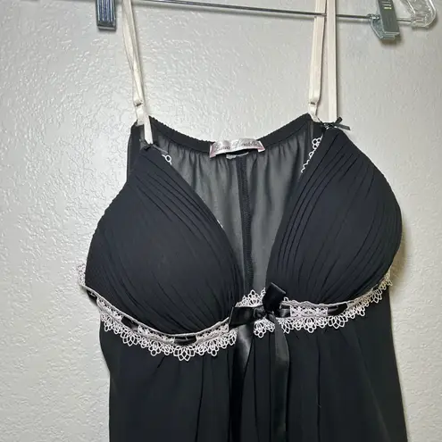 Linea Donatella Black Lace Trim Babydoll Lingerie Sheer Nightgown Bow Detail