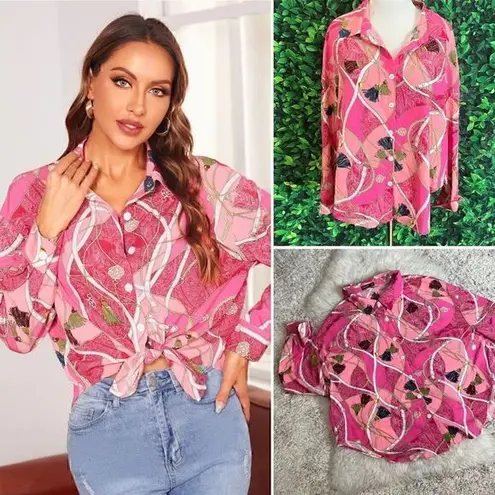 Mixed Print Button Up Tie Front Shirt plus size 2XL blouse Pink