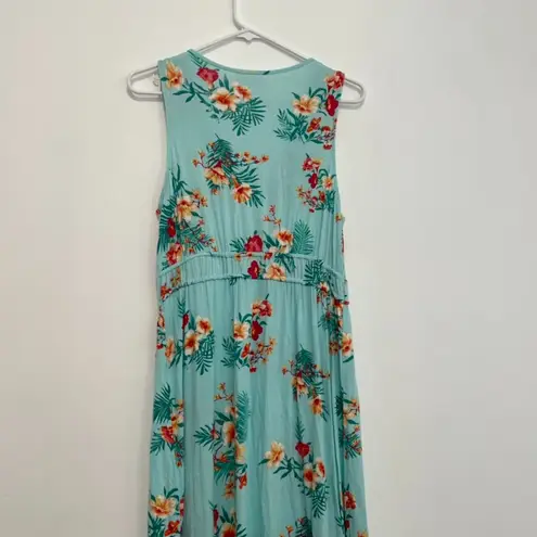Olive & Oak LULUS Sleeveless Floral Maxi Dress Aqua Blue Pink Tropical Hawaiian