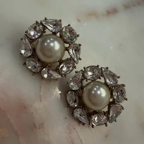 Givenchy Vintage Faux Pearl and Crystal Clip On Statement Earrings