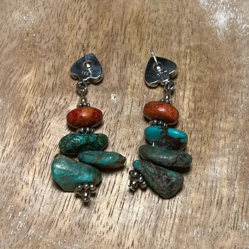Sterling Silver Turquoise & Coral Stone 925 Dangle Earrings