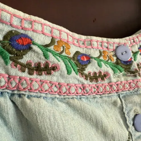 90s Vintage DENIMLAND Floral Embroidered Maxi Button Front Jean Skirt Medium Blue