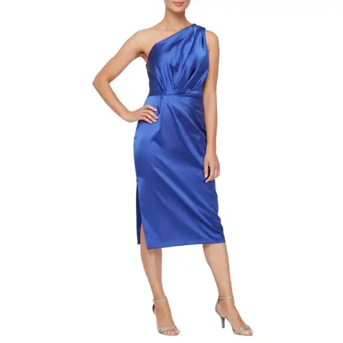 Alex Evenings Blue Satin One Shoulder Midi Sheath Cocktail Dress Women’s Size 12