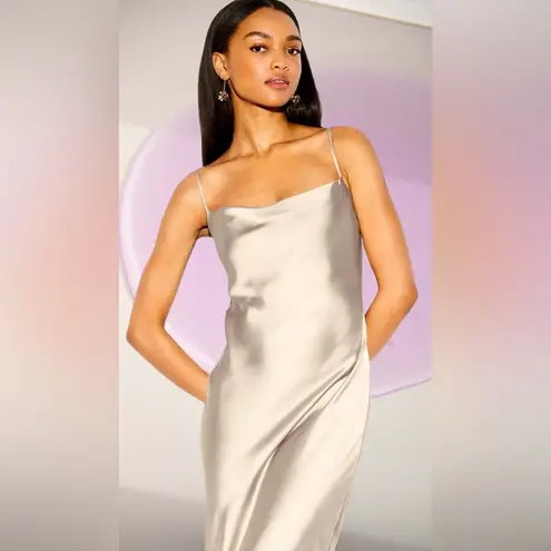 NWTS🌹THE OCCASION L🌹ELITE LINE SLEEK CHAMPAGNE SATIN DRAPED FRONT OPEN BACK MAXI Silver Size L