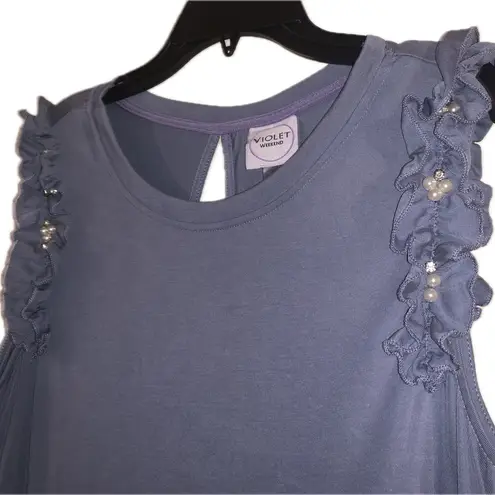 Violet Weekend Asymmetrical Ruffle Pearl Crystal Sleeveless Shift Dress ViVi L Blue Size L