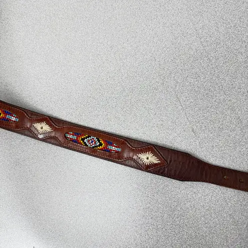 REI Beaded Leather Belt 30 Brown Colorful Stitched Western Southwest *No Buckle