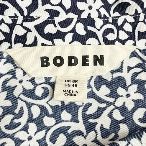 Boden Pleated Skirt Midi Shirt Dress Navy White Floral Long Sleeve Size 4 US Blue
