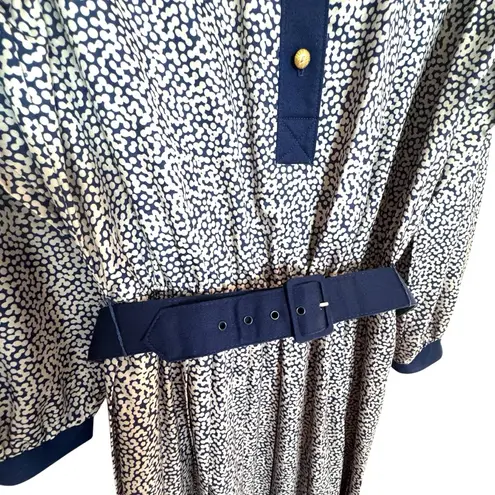 Vintage Hal Hardin Long Sleeve Navy & White Pleated Dress W/ Belt & Gold Buttons Blue Size 14