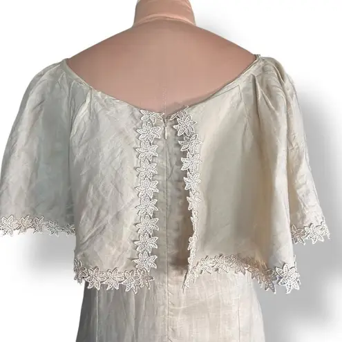 Vintage Linen Embroidered Floral Maxi Dress Lace Capelet Overlay Medium
