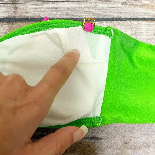 Luli Fama Pink Green Rhinestones Bandeau Bow Tassels Halter Bikini Top NWT