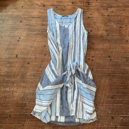 Drew linen blend blue & white striped tie waist S tank dress