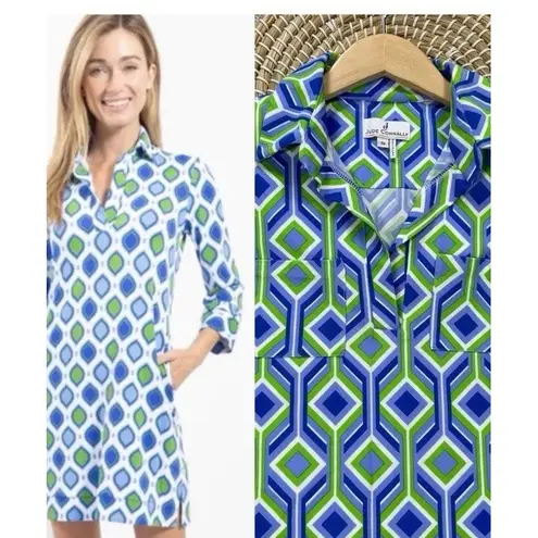 Jude Connally Marlowe Trellis Cobalt Kelly Dress Collared 3/4 Sleeve Preppy XS