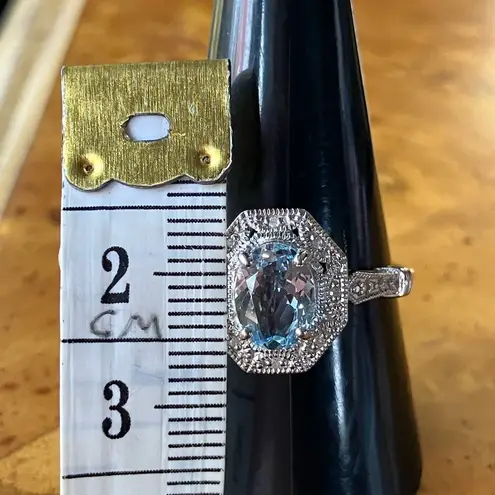 Natural Aquamarine White Diamond Sterling Silver Art Deco Ring Size 9.75