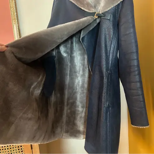 Adolfo Dominguez Faux Suede Fur Coat Off Center Fastening Buckle Hood 36 Size S Blue