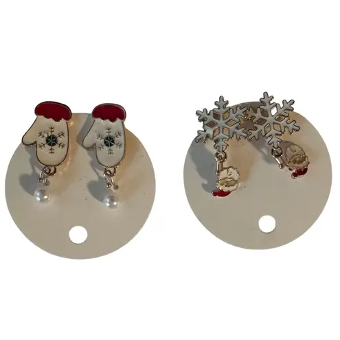 Christmas Santa Snowflakes Mittten Pearl Earrings Set Festive Holiday Jewelry Red