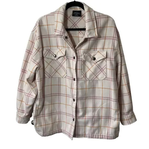 HFX Ladies Snap Button Down Cream Long Sleeve Plaid Shirt Cozy Shacket Size M Orange Size M