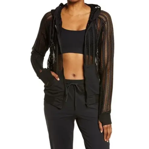 BLANC NOIR Linear Mesh Front Zip Hoodie Jacket in Black Women's Size L Size L