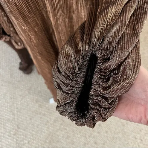 Adrienne Adriane Metallic Bronze Pleated V-Neck Dress Size M Made in USA