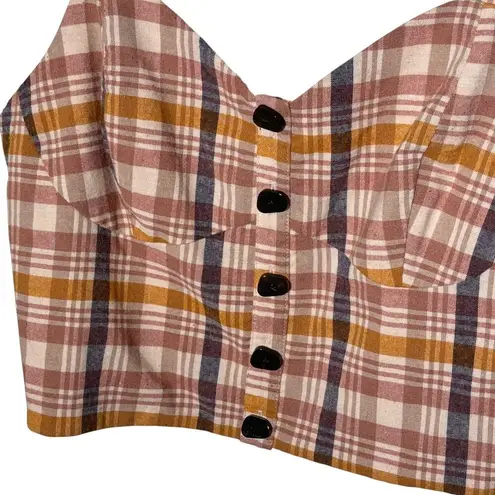 ZARA  Plaid Size Large Neutral Cropped Smocked Summer Vacation Retro Faux Buttons