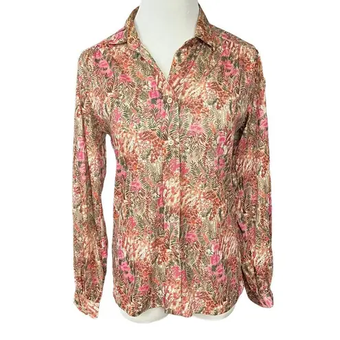 Vintage 70’s Floral Lightweight Button Down Top Tan Pink Green S Brown
