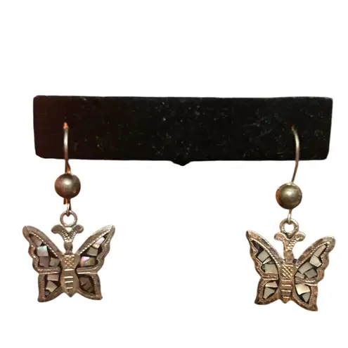 VTG 925 Sterling Silver ABALONE Butterfly Dangle Earrings | MOP Inlay