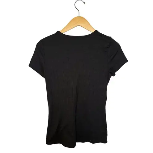 Boston Proper Women's Black Lace-Up Ribbed V-Neck Casual Tee Size XS
