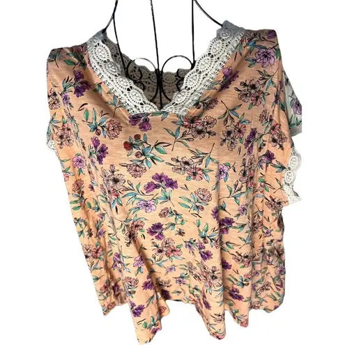 FOR THE REPUBLIC M Short Sleeve Embroidered Lace Trim Blouse Floral Cottage New