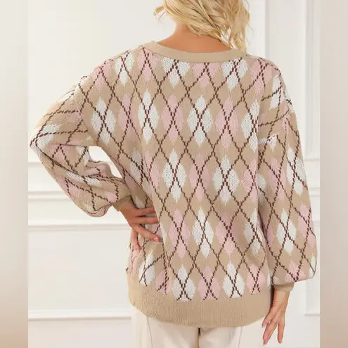 Very J Button Up Geometric Dropped Shoulder Argyle Cardigan