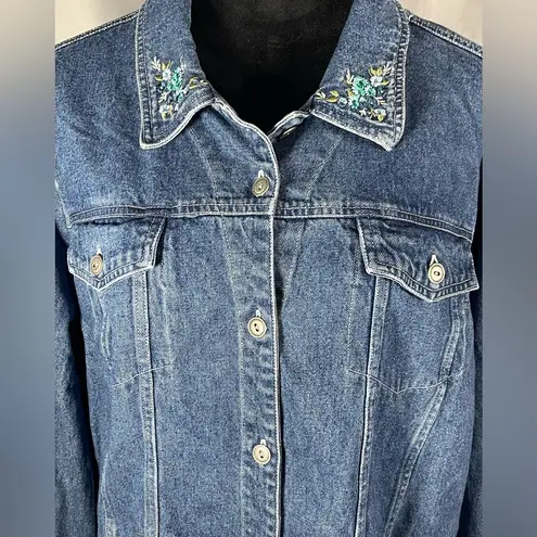 Denim & Co . QVC Blue Jean Denim Jacket Floral Embroidery Long Sleeve  Sz 1X EUC