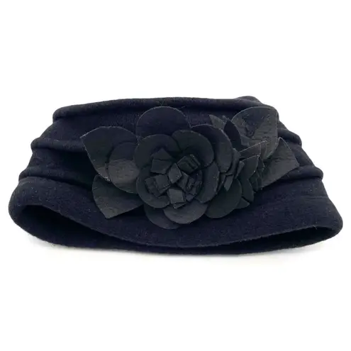 Vintage 90s Black Wool Cloche Hat Flower Accent 100% Wool Winter Dressy Travel