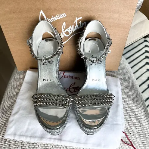 Christian Louboutin  Madmonica 120 Leather Espadrille Wedge Sandals - Silver