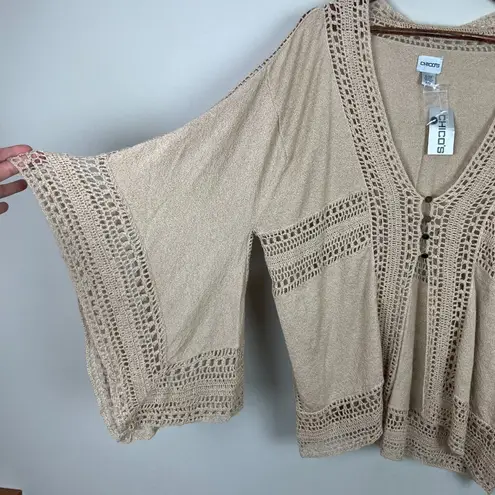 Chico's  3 Cardigan Womens XL Neutral Crochet 3/4 Bell Sleeve Flowy Boho Artsy New