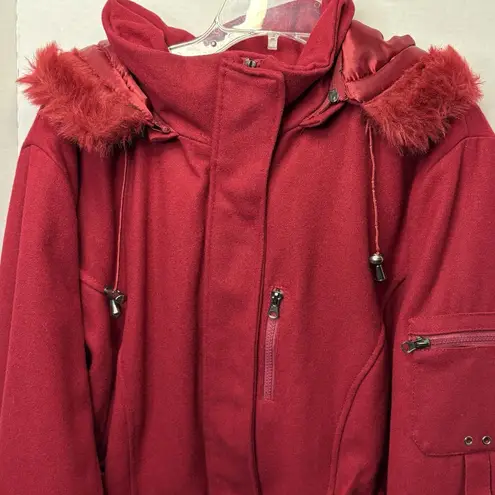 Women’s Red Wool Blend Hooded Winter Coat Faux Fur Trim Size 3XL