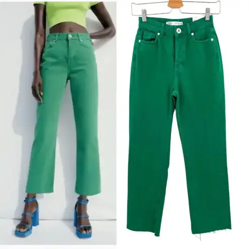 ZARA  Washed‎ Green High Waisted Denim Straight Cropped Jeans Size 0