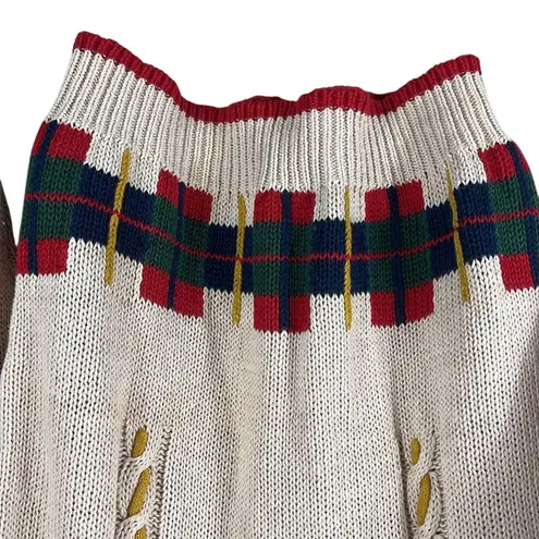 Vintage Chic Sweater Womens M Cream Plaid Hem Open Knit Holiday Ramie Preppy 90s Size M