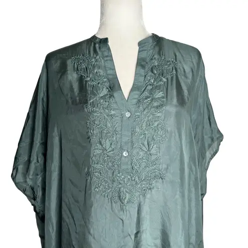 Oysho Silk Embroidered Kaftan Dress Size S Green V Neck Light Slightly Sheer NEW