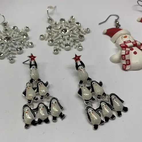 Lot Of 3 Dangle Costume Earrings Pierced Christmas Snowman Snowflake Penguin