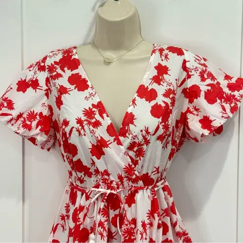 Aakaa Floral Mini Wrap Dress Red Small Ruffle Garden Party Coquette Beach Vacay