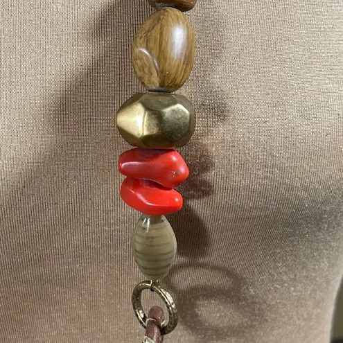 Coldwater Creek Long Necklace Coral Stone Rawhide Gold Tone Wood