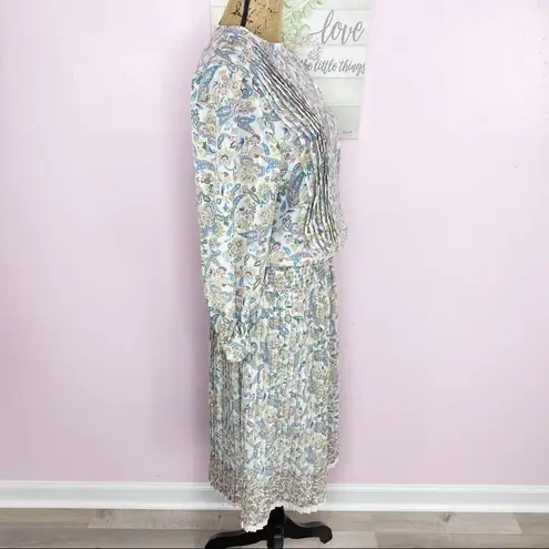 Vintage Shrader Sport Paisley Floral Knife Pleat Midi Skirt Set Cream Multi 6P Pink