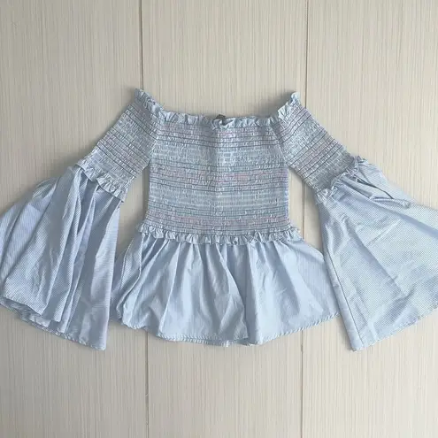 Central Park West Smocked Off the Shoulder Bell Sleeves Top Sz XS Blue White