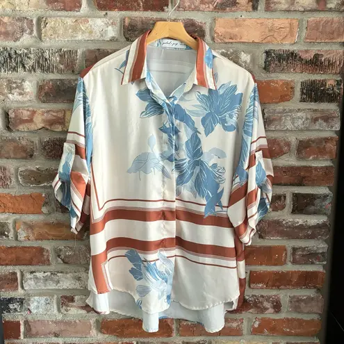 Petal and Pup Floral Satin Button Down Short Sleeve Blouse Top, 10