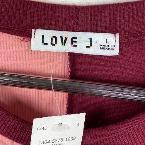 Love j Ribbed Embellished Bonita Crop T-shirt Color Block Maroon Pink Large