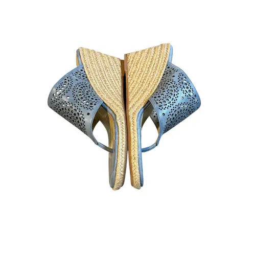 Johnston & Murphy Blue Laser Cut Wedge Espadrille Thong Sandals Women Size 8M