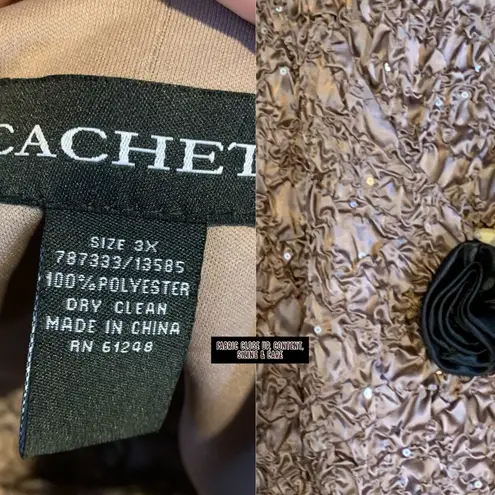 CACHET TAUPE & BLACK CRINKLED COCKTAIL TOP W/SEQUINS AND BLACK ROSETTE (3X) Brown