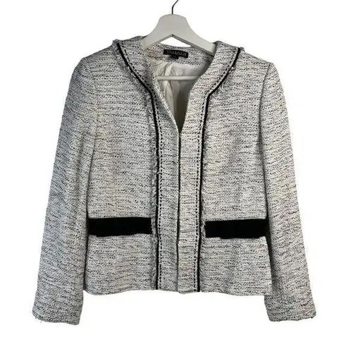 Tahari Size 6 Tweed Blazer Jacket White Black Fringe Stitch Detail V-Neck READ