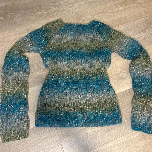 BKE Sheer Knit Striped Sweater Blue Green Tan Y2K Size L
